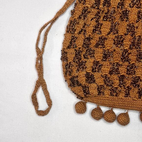 Antique 1920s Crochet Drawstring Purse Metal Seed Beads Copper Brown Silk AS IS - Picture 9 of 13